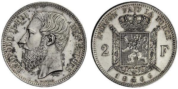 2 Franc Belgique Argent Leopold II (1835 - 1909)