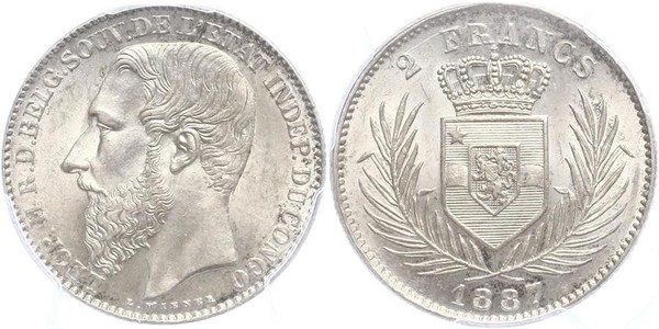 2 Franc État indépendant du Congo (1885 - 1908) Argent Leopold II (1835 - 1909)