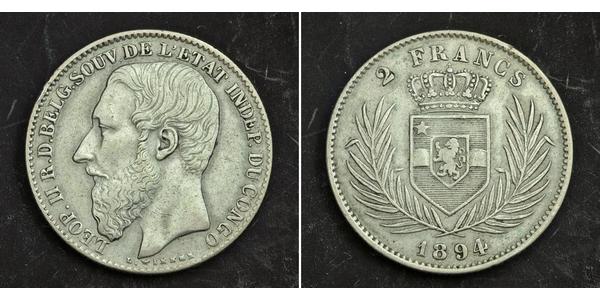 2 Franc État indépendant du Congo (1885 - 1908) Argent Leopold II (1835 - 1909)