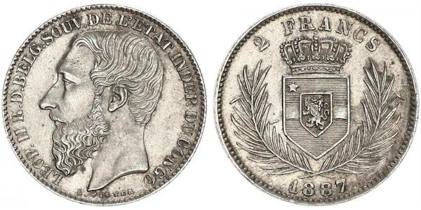 2 Franc État indépendant du Congo (1885 - 1908) Argent Leopold II (1835 - 1909)