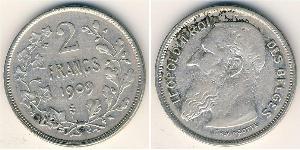 2 Franc Belgio Argento Leopold II (1835 - 1909)