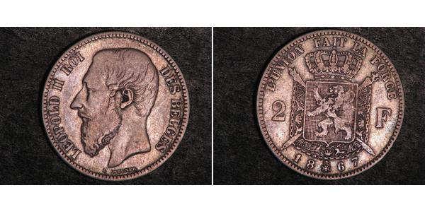 2 Franc Belgio Argento Leopold II (1835 - 1909)