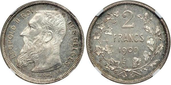 2 Franc Belgio Argento Leopold II (1835 - 1909)