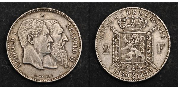 2 Franc Belgio Argento Leopold II (1835 - 1909)