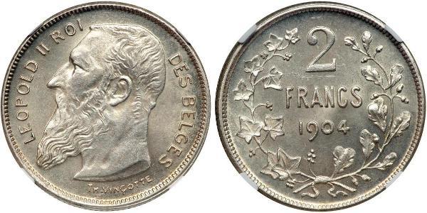 2 Franc Belgio Argento Leopold II (1835 - 1909)