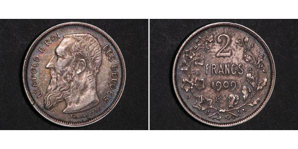2 Franc Belgio Argento Leopold II (1835 - 1909)