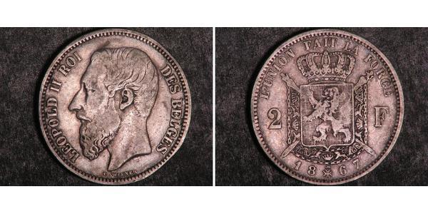 2 Franc Belgio Argento Leopold II (1835 - 1909)