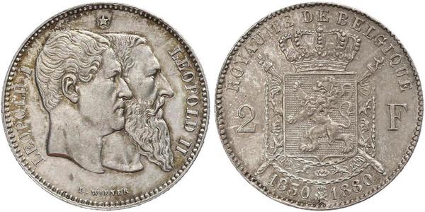 2 Franc Belgio Argento Leopold II (1835 - 1909)