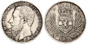 2 Franc Stato Libero del Congo (1885 - 1908) Argento Leopold II (1835 - 1909)