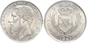 2 Franc Stato Libero del Congo (1885 - 1908) Argento Leopold II (1835 - 1909)