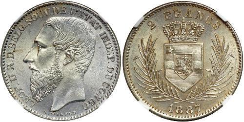 2 Franc Stato Libero del Congo (1885 - 1908) Argento Leopold II (1835 - 1909)