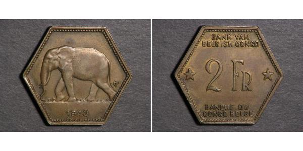 2 Franc Congo belge (1908 - 1960) Laiton 