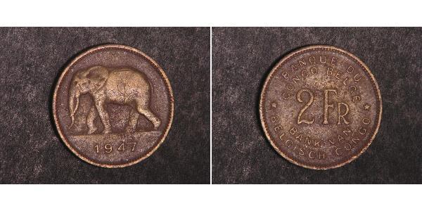 2 Franc Geschichte der Demokratischen Republik Kongo (1908 - 1960) Messing 