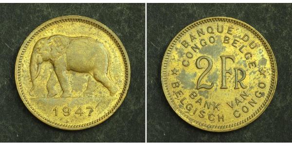 2 Franc Geschichte der Demokratischen Republik Kongo (1908 - 1960) Messing 