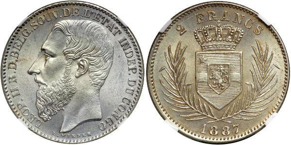 2 Franc Estado Libre del Congo (1885 - 1908) Plata Leopold II (1835 - 1909)