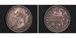 2 Franc Belgien Silber Leopold II (1835 - 1909)