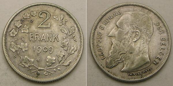 2 Franc Belgien Silber Leopold II (1835 - 1909)