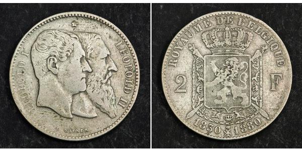 2 Franc Belgien Silber Leopold II (1835 - 1909)