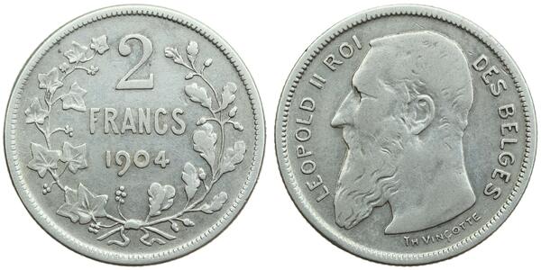 2 Franc Belgium Silver Leopold II of Belgium(1835 - 1909)