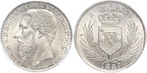 2 Franc Congo Free State (1885 - 1908) Silver Leopold II of Belgium(1835 - 1909)