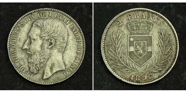 2 Franc Congo Free State (1885 - 1908) Silver Leopold II of Belgium(1835 - 1909)