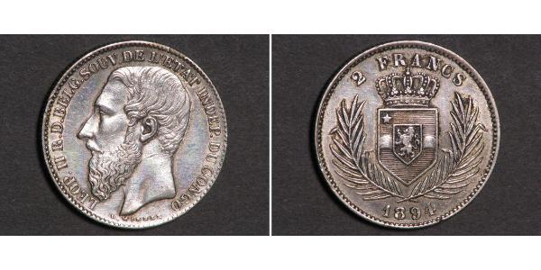 2 Franc Congo Free State (1885 - 1908) Silver Leopold II of Belgium(1835 - 1909)