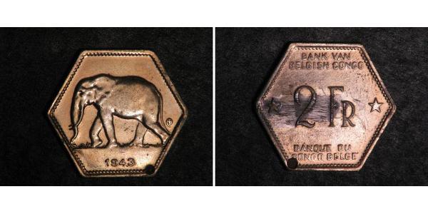 2 Franc 比屬剛果 (1908 - 1960) 黃銅 