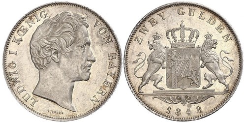 2 Gulden Königreich Bayern (1806 - 1918) Silber Ludwig I. (Bayern)(1786 – 1868)