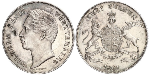 2 Gulden Kingdom of Württemberg (1806-1918) 銀 威廉一世 (符腾堡)