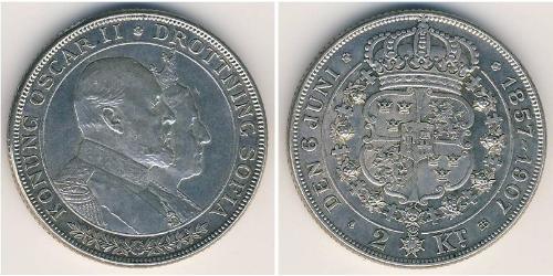 2 Krone Suède Argent Oscar II de Suède (1829-1907)