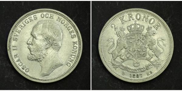 2 Krone Suède Argent Oscar II de Suède (1829-1907)