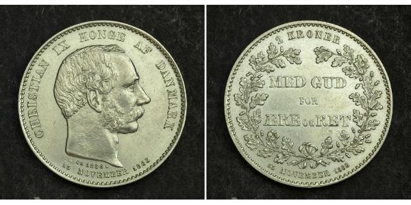 2 Krone Danimarca Argento Cristiano IX di Danimarca (1818-1906)