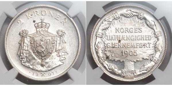 2 Krone Norvegia Argento Haakon VII di Norvegia (1872 - 1957)