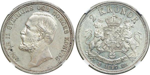 2 Krone Svezia Argento Oscar II di Svezia (1829-1907)