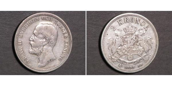 2 Krone Svezia Argento Oscar II di Svezia (1829-1907)