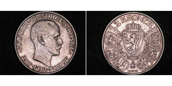 2 Krone Noruega (1905 - ) Plata Haakon VII de Noruega (1872 - 1957)