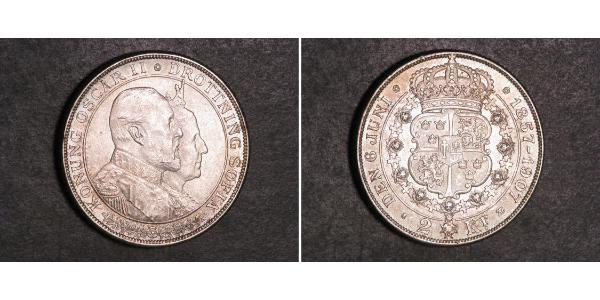 2 Krone Suecia Plata Óscar II de Suecia (1829-1907)