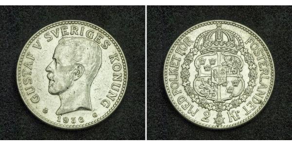 2 Krone Suecia Plata Gustavo V de Suecia (1858 - 1950)