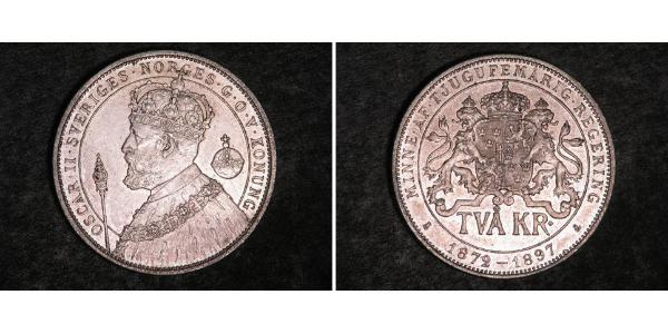2 Krone Suecia Plata Óscar II de Suecia (1829-1907)