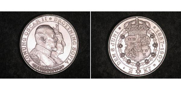 2 Krone Suecia Plata Óscar II de Suecia (1829-1907)