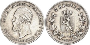 2 Krone United Kingdoms of Sweden and Norway (1814-1905) Plata Óscar II de Suecia (1829-1907)