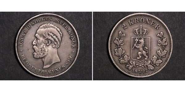 2 Krone United Kingdoms of Sweden and Norway (1814-1905) Plata Óscar II de Suecia (1829-1907)