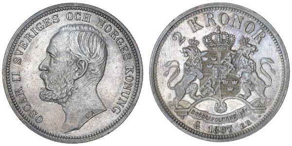 2 Krone Schweden Silber Oskar II. (Schweden) (1829-1907)