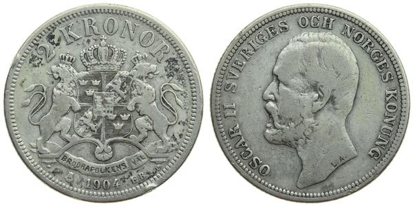 2 Krone Sweden Silver Oscar II of Sweden (1829-1907)