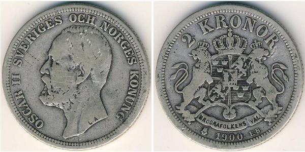 2 Krone Sweden Silver Oscar II of Sweden (1829-1907)
