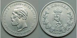 2 Krone United Kingdoms of Sweden and Norway (1814-1905) Silver Oscar II of Sweden (1829-1907)