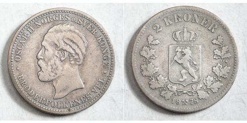 2 Krone United Kingdoms of Sweden and Norway (1814-1905) Silver Oscar II of Sweden (1829-1907)