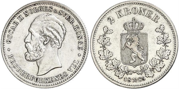 2 Krone United Kingdoms of Sweden and Norway (1814-1905) Silver Oscar II of Sweden (1829-1907)