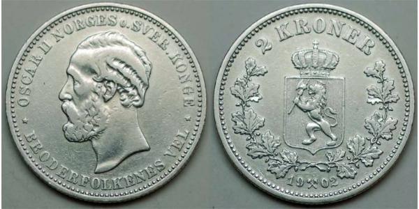 2 Krone United Kingdoms of Sweden and Norway (1814-1905) Silver Oscar II of Sweden (1829-1907)