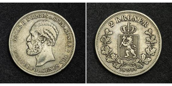 2 Krone United Kingdoms of Sweden and Norway (1814-1905) Silver Oscar II of Sweden (1829-1907)